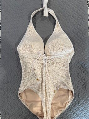 Beige Lace Halter One-Piece Swimsuit. Open back.